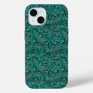 Coque Pour iPhone 15 Turquoise vert cowgirl floral à outils cuir occide