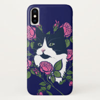 Tuxedo Cat Peony Floral Art Tuxie Cats