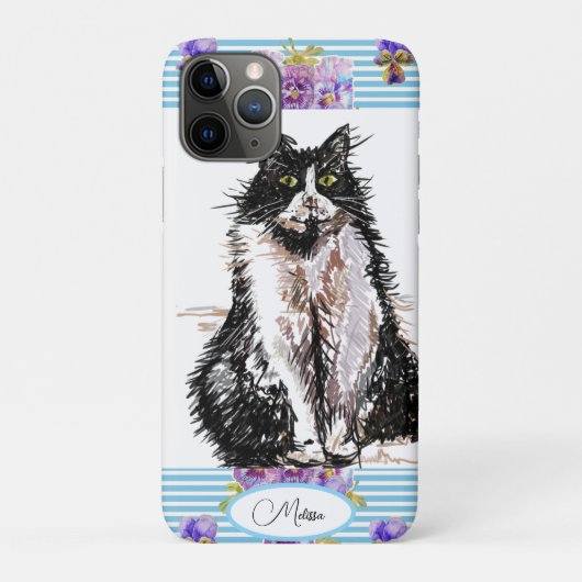 Coques Case-Mate iPhone Tuxedo Chat Chats Noir et Blanc Filles Floral Bleu (Dos)