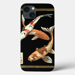 iPhone 13 Case Two Japanese Koi Goldfish on Black Background