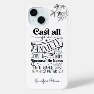 Coque Pour iPhone 15 Typographie du texte noir, 1 Pierre 5:7 Écriture