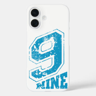 Coques iPhone 16 Typographie Rétro Minimaliste bleu Numéro Neuf