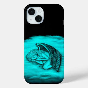 Coque Pour iPhone 15 Un Angel endormi, Noir et Vert Design
