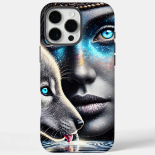 Coques iPhone 16 Pro Max Un guerrier et un loup natifs sous la lune