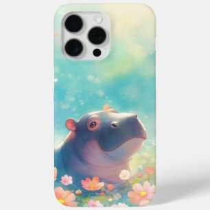 Coque iPhone 15 Pro Max Un Hippopotame en Fleurs