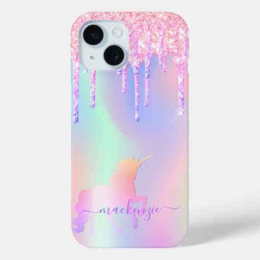 Coques Case-Mate iPhone Unicorn rose nom holographique gouttes (Verso)