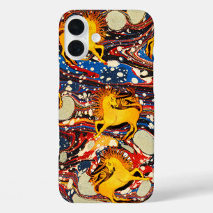 COQUES iPhone 16 PLUS UNICORNES D'OR, EFFETS MARBÉS BLEU ROUGE, CERCLES