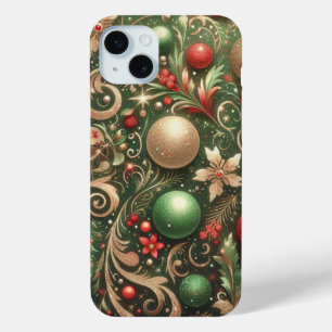 COQUE iPhone 15 MINI VACANCES ARGENT ROUGE VERT OR ORNAMENTS