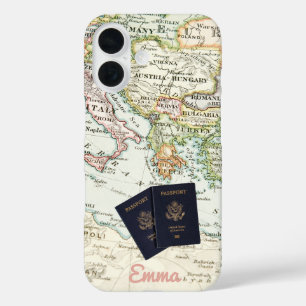 Coques iPhone 16 Vacances avec carte ancienne vintage et passeport