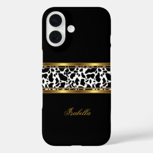 Coques iPhone 16 Vache élégante de classe or noir blanc
