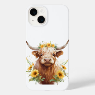Coque Pour iPhone 14 Vache Highland avec Couronne de fleurs de tourneso