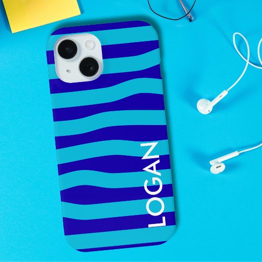Coques Case-Mate iPhone Vague bleu moderne avec nom personnalisé