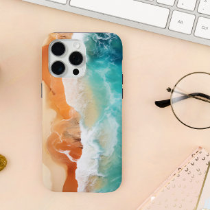 Coque iPhone 15 Pro Max Vagues Bleues De L'Océan Et Côte De Sable Brown