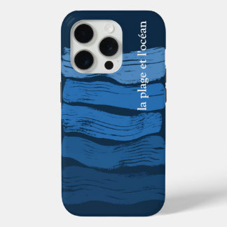Coque iPhone 15 Pro Vagues d'art minimaliste dans un dégradé bleu, l'o