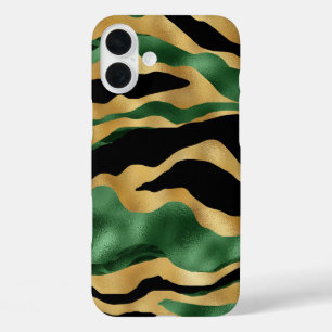 Coques iPhone 16 Plus Vagues de Parties scintillant noire en or vert