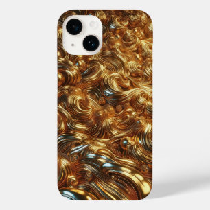 Coque Pour iPhone 14 Vagues d'Or Liquide 3D de Luxe et Perles Métalliqu