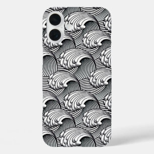 iPhone 16 Plus Case Vagues japonaises vintages, noir et blanc