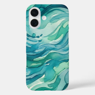 Coques iPhone 16 Vagues océaniques à l'aquarelle sarcelle