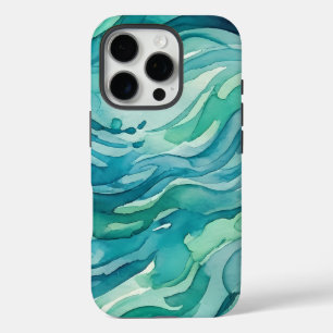 Coques iPhone 16 Pro Vagues océaniques à l'aquarelle sarcelle
