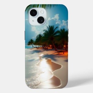 Coque Pour iPhone 15 Vagues tropicales Plage ciel bleu nuageux