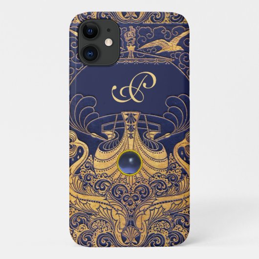 Coques Case-Mate iPhone Vaisseau antique, Dauphins, Or, Monogramme bleu ma (Dos)
