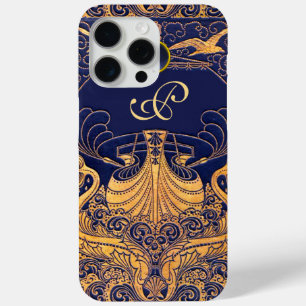 Coque iPhone 15 Pro Max Vaisseau antique, Dauphins, Or, Monogramme bleu ma