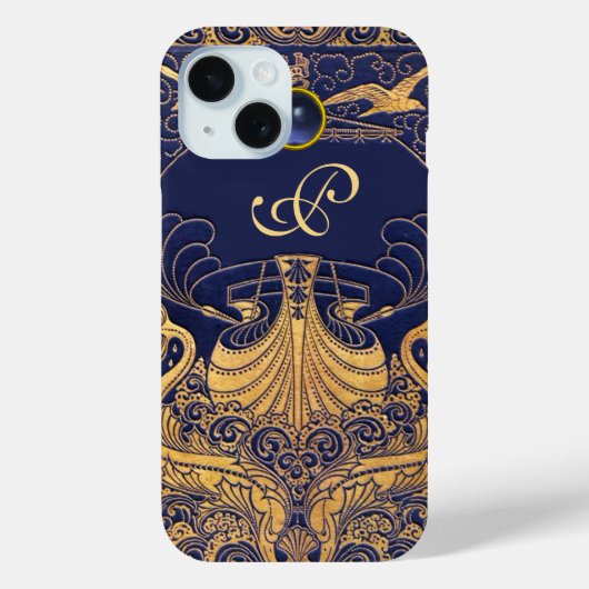 Coques Case-Mate iPhone Vaisseau antique, Dauphins, Or, Monogramme bleu ma (Verso)