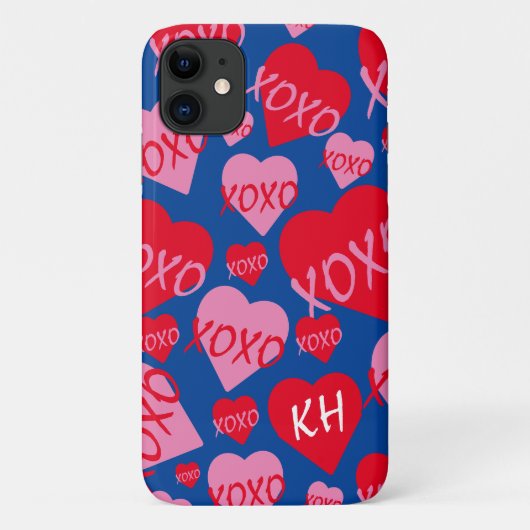 Coques Case-Mate iPhone Valentine XOXO Coeur rose Motif bleu Nom (Dos)