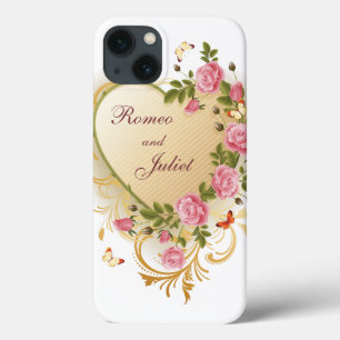 Etui iPhone 13 Valentines - coeur rayé d'or avec des roses