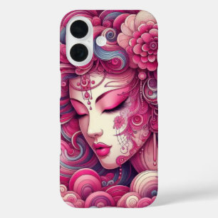 Coques iPhone 16 Vecteur oriental ondes fractales roses de Geisha a