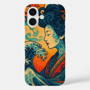 Coques iPhone 16 vectoriel oriental ondes de Geisha Kanagawa abstra