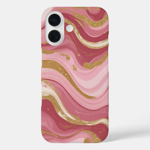 Coques iPhone 16 Veines rosées et dorées modernes Liquid Ink Art