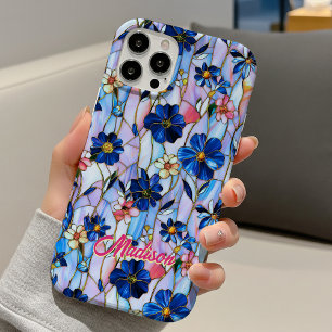 Coques iPhone 16 Verre Artisanal Bleu Fleur Botanique Vitrail