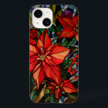 Coque Pour iPhone 14 Verre coloré Style Poinsettias & Holly<br><div class="desc">Vitraux colorés luxuriants aux tons de bijoux style poinsettias rouge profond et saint avec chasseur vert et le feuillage d'or.</div>