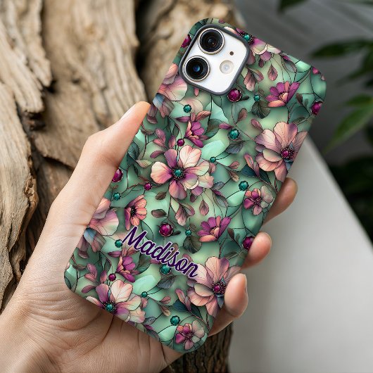 Coques Case-Mate iPhone Verre teinté floral violet menthe