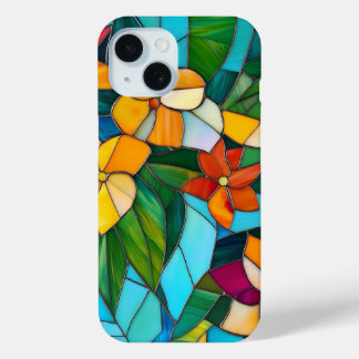 Coque Pour iPhone 15 Verre Tiré Floral Nature Art Téléphone Case Cadeau