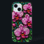 Coque Pour iPhone 15 Verre Tissé Avec Orchidées Roses<br><div class="desc">Composition artistique d'orchidées roses complexes dans un style de vitrail avec des accents de bijoux encadrés magnifiquement,  mettant en évidence l'élégance et le charme.</div>