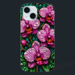 Coque Pour iPhone 15 Verre Tissé Avec Orchidées Roses<br><div class="desc">Composition artistique d'orchidées roses complexes dans un style de vitrail avec des accents de bijoux encadrés magnifiquement,  mettant en évidence l'élégance et le charme.</div>