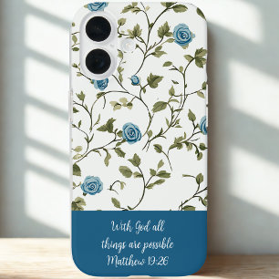 Coques iPhone 16 Verset biblique floral bleu