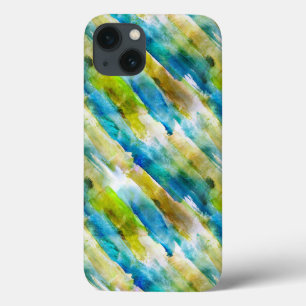 Coques Pour iPhone Vert abstrait d'aquarelle, bleu