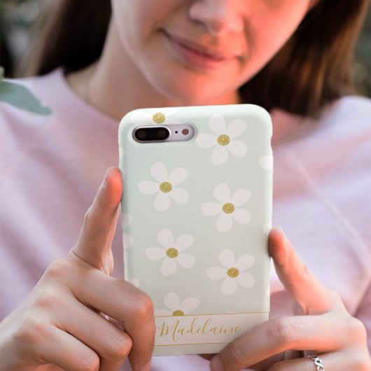 Coques Case-Mate iPhone Vert blanc Simple Motif de marguerite or personnel