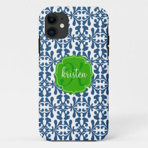 Coque iPhone 11 Vert bleu moderne de damassé d'arabesque