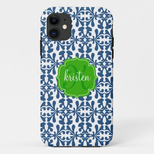 Coques Case-Mate iPhone Vert bleu moderne de damassé d'arabesque (Dos)