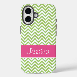 Coques iPhone 16 Vert Chevron Chic Rose Personnalisé