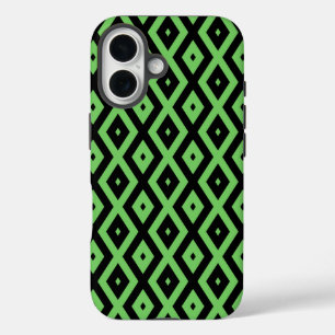 Coques iPhone 16 Vert citron et motif en losange noir