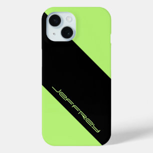 Coque Pour iPhone 15 Vert néon et noir, une bande, nom, minimaliste