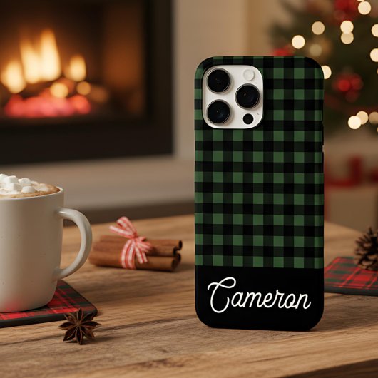 Coques Case-Mate iPhone Vert & Noir Buffalo Plaid Nom Personnalisé