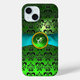 Coque Pour iPhone 15 VERT NOIR DAMASK GEM MONOGRAM Aqua Blue Ribbon