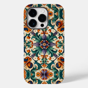 Coque Pour iPhone 14 Pro Vert orange violet portugais Azulejos Carreaux Art