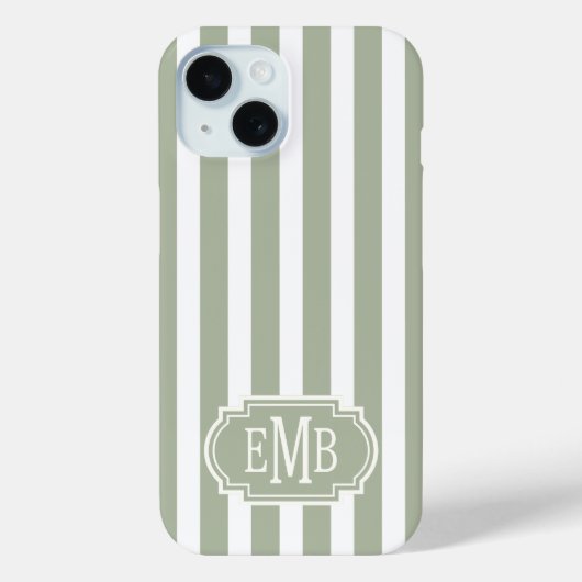 Coques Case-Mate iPhone Vert sauge et rayures monogrammées blanches (Verso)